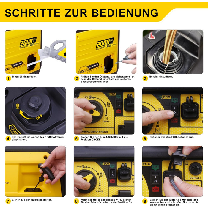 Інверторний генератор Aceup Energy 2000 Вт, бензиновий генератор з 230 В, 12 В, USB, цифровим дисплеєм, для кемпінгу на свіжому повітрі, супер тихий портативний 4-тактний інверторний бензиновий генератор потужністю 19,6 кг, потужністю 2000 Вт з інтелектуа