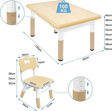 Дитячий стіл UISEBRT з 4 стільцями, Дитячий комплект сидіння з регульованою висотою для дітей від 2 років, Пластиковий комплект столів, Дитячі меблі для дитячого садка та дитячої кімнати (Колір дерева, 120 x 60 x 60 см) 120 x 60 x 60 см Колір дерева