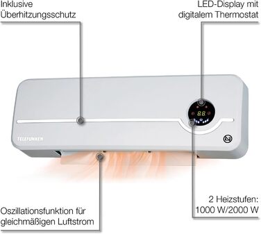 Компактний керамічний настінний вентилятор-обігрівач з коливальною системою та інтелектуальним регулюванням температури Ідеальне рішення для ефективного та рівномірного розподілу тепла в холодні дні, 2000