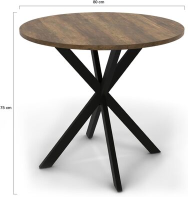 Круглий обідній стіл ALIX на 4 особи з чорною основою-павуком та стільницею з темного дерева Hawkins 80 см