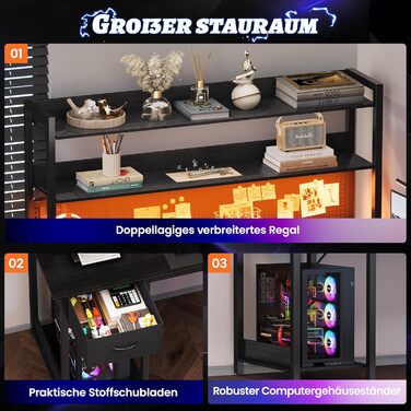 Письмовий стіл з перфорованою дошкою 135 x 90 см Кутовий стіл з полицею Великий ігровий стіл з розетками та портом USB для зарядки Ігровий стіл L-подібної форми з місцем для зберігання Чорний 135 x 90 x 152 см Чорний