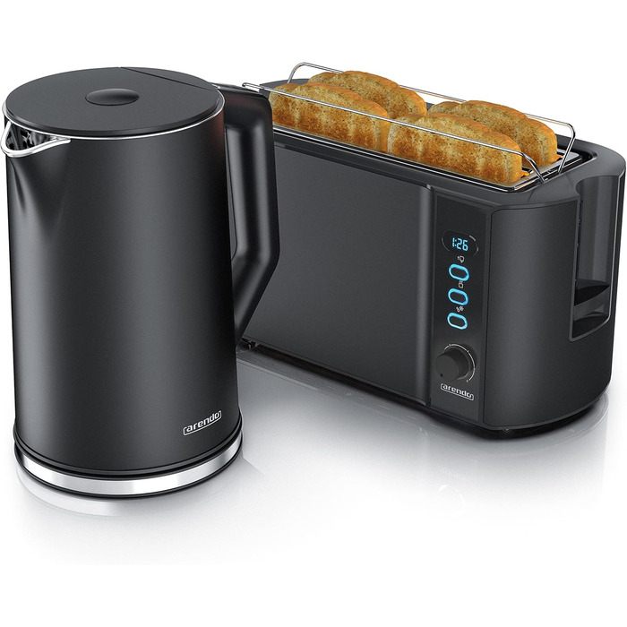 Чайник з тостером SET Нержавіюча сталь чорний, чайник 1,5 л 40 100C Тостер з функцією збереження тепла 4 скибочки LED-дисплей 6 градусів насадки для засмаги