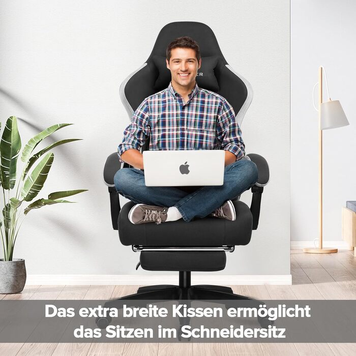 Ігрове крісло GTPLAYER Ергономічне ігрове крісло для столу з тканинною поверхнею, пружинною подушкою сидіння, з&39єднувальними підлокітниками та підставкою для ніг, світло-чорне