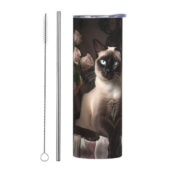 Кухоль з прямою трубочкою, елегантний принт сіамського кота, дорожній кухоль, підходить для кемпінгу, офісу та дому, 590 мл
