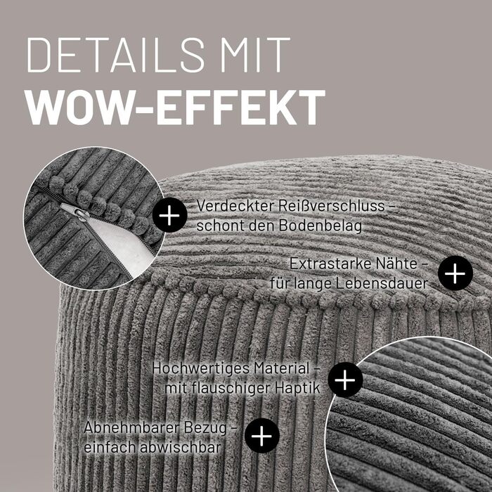 Пуф-мішок Lumaland Corduroy Компактний ігровий пуф об&39ємом 50 літрів з функцією 3-в-1 зручний стілець, практичний бічний столик та стильна підставка для ніг для приміщень Ø 25 x 45 см Сірий 25 x 45 см Сірий