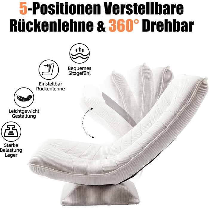 Крісло для вітальні з регульованою спинкою, поворот на 360, зручне вельветове підлогове крісло, не потребує складання, розкладний ігровий підлоговий диван, вантажопідйомність 150 кг, крісло-реклайнер, крісло для читання, бежевий