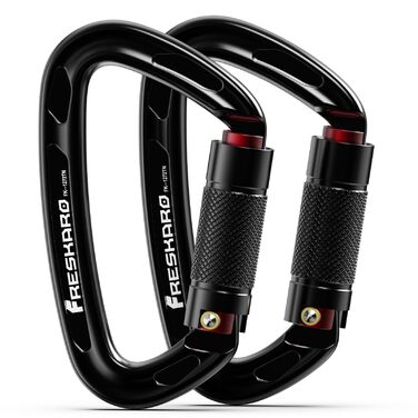 Карабін для альпінізму FresKaro 25kN, сертифікований CE, з поворотним замком, великий 10 см, швидкознімний та міцний, витримує максимум 2550 кг, підходить для альпінізму, спуску на веревках, повідків для собак, чорний та сірий, чорний - 2 шт.