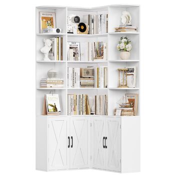 Кутова книжкова шафа FirFurd 187 см з дверцятами, 12 відділень, L-подібна дерев&39яна вітрина, висока шафа, полиця з дверцятами для вітальні, кабінету, офісу, кухні, 187 x 80 x 80 см, білий