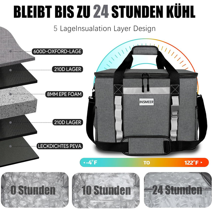 Велика сумка-холодильник 48 л, велика складна сумка-холодильник на 65 банок з верхнім відкриттям, водонепроникна ізольована сумка для покупок XXL, ідеально підходить для поїздок, пікніків, кемпінгу, походів, пляжу, темно-сіра