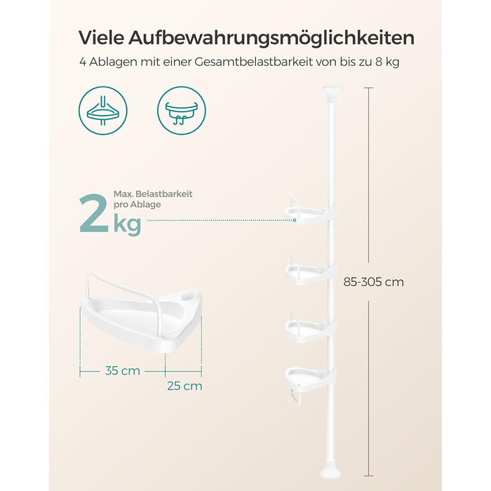 Полиця для душу, кутова полиця для ванної, з 4 полицями, полиця для ванної, загальна висота 85-305 см, регульована по висоті, поли