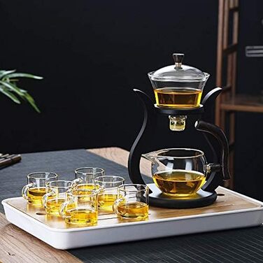 Набір для чаю Ледачий Кунг-Фу RORA зі скляним чайником, магнітним водопроводом, обертовою кришкою та напівавтоматичним механізмом, дерев'яний дизайн