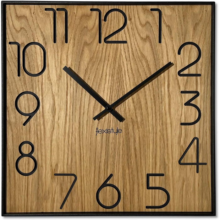 Квадратний настінний годинник FLEXISTYLE з дерева (дуб), 40x40 см, безшумний механізм, колір чорний дуб