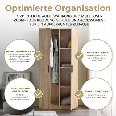 Шафа Eiselfing, 2-дверна шафа, 176 x 80 x 52 см, Шафа для спальні, 1 вішалка для одягу, 4 полиці, під дуб, дуб, 176 x 80 x 52 см - 4 полиці