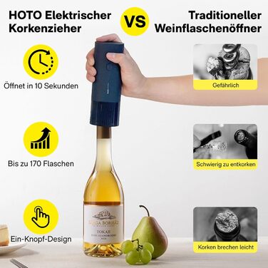 Електричний штопор HOTO, автоматичний відкривач для пляшок, відкривачка для вина з різаком для фольги, відкривачка для винних пляшок, відкоркована 170 пляшок, 10 секунд миттєвого відкриття, подарунок для вечірок любителів вина