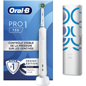 Електрична зубна щітка Oral-B Pro 1 750, 1 головка та дорожній кейс, дизайн Braun, білий, оригінальні подарунки