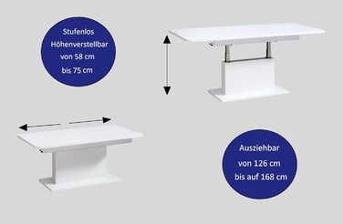 Розсувний журнальний столик designimpex DC-1, регульована висота 126/168 см, білий глянець, сучасний, універсальний стіл для вітальні, обідній стіл, журнальний столик, журнальний столик до дивана, що економить місце, високоякісний журнальний столик для ві