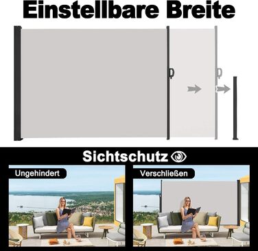Розсувний бічний тент для балкону, сонцезахисний навіс, екран для забезпечення приватності, водонепроникний та вітронепроникний, виготовлений з поліестеру, для саду, патіо, дитячих майданчиків та кемпінгу (200x600 см, сірий) 200x600 см сірий