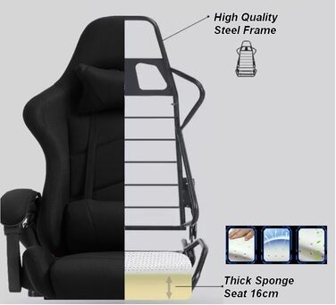 Ігрове крісло Delman, гоночне крісло, офісне крісло, комп&39ютерне крісло, масажна функція з 6 точками вібрації, крісло для керівника, тканинне, ергономічна підставка для ніг, 1036 (чорне)