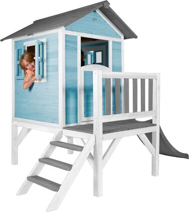 Ігровий будиночок AXI Beach Lodge XL синього кольору з гіркою сірого кольору Будиночок на палях з деревини FSC для дітей Маленька ігрова вежа для саду.