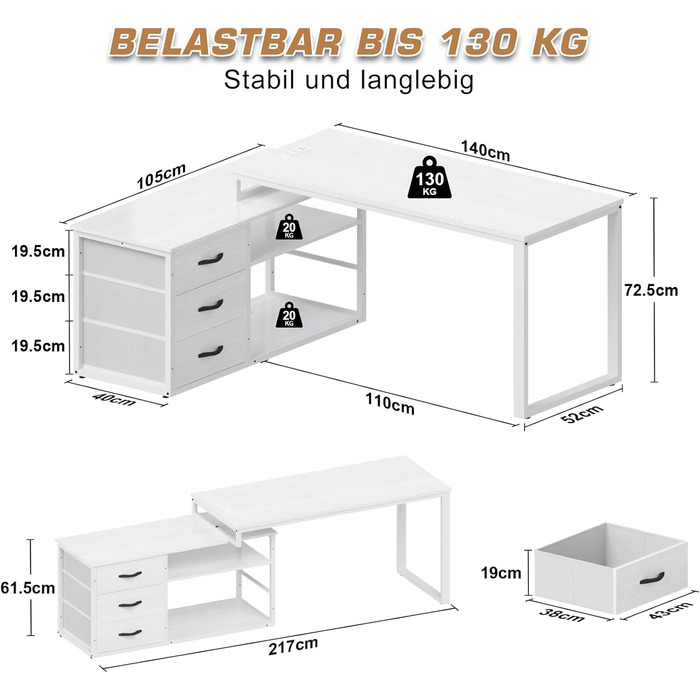 Г-подібний письмовий стіл з 3 шухлядами та місцем для зберігання речей, 140 x 105 x 75 см. Двосторонній кутовий письмовий стіл, Г-подібний письмовий стіл з 2 USB-портами для зарядки та 2 розетками, білий. 140 x 105 x 75 см. Білий