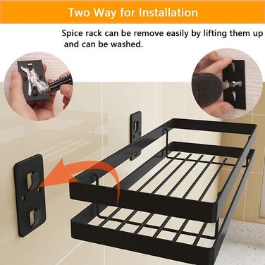 Настінна полиця для спецій, не потребує свердління, комплект з 2 шт. з кухонною штангою, підвісна кухонна полиця, полиця для спецій на дверцята шаф, полиця для душу з нержавіючої сталі для кухні, ванної кімнати, балкону, 35 x 12 x 5,7 см, чорна