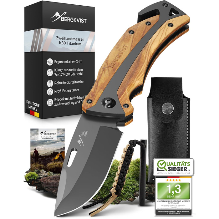 Складаний ніж (дворучний) - Дозволено носіння в Німеччині - Кишеньковий ніж 3-в-1 для відпочинку на природі, кемпінгу та виживання