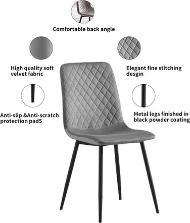 Комплект із 2 дизайнерських обідніх стільців з оксамитової тканини, металеві ніжки, стільці Lexi (світло-сірий)