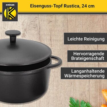 Чавунна каструля Krger з кришкою - емальована - чорна матова зовні і всередині - висока термостійкість і дуже добре утримує тепло