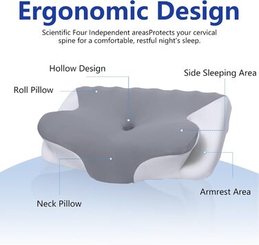 Подушка з піни з ефектом пам&39яті, подушка для шиї, подушка для голови, подушка для підтримки шиї та плечей, підходить для різних поз сну, розмір 60 x 41 x 9/12 см (світло-сірий)