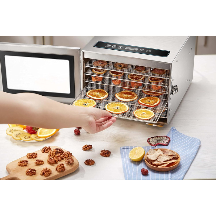 Дегідратор з нержавіючої сталі з регулятором температури (30-90C) Таймер на 24 години Drrer Дегідратор Сушарки для фруктів Дегідратор для фруктів і м'яса Система циркуляції повітря на 360 Цифровий дисплей 6 поверхів
