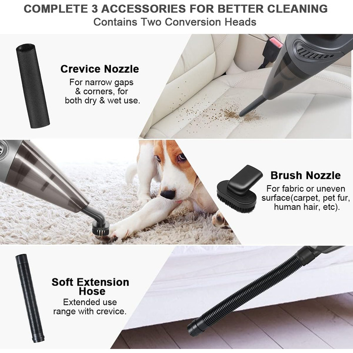 Акумуляторний ручний пилосос URAQT, 4 в 1 8500PA Легкий акумуляторний 120 Вт автомобільний пилосос Зарядка від USB з миючим фільтр