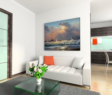 Полотно картина на підрамнику олійний живопис пляж морські хвилі вітрильник хмари полотно фреска як панорама, 120x80