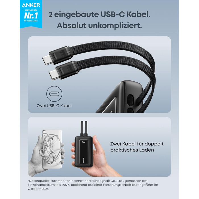 Зовнішній зарядний пристрій Anker Zolo (оновлення 2025 року), швидка зарядка 45 Вт, акумулятор ємністю 20000 мАг, два вбудовані кабелі USB-C, 1 порт USB-C та 1 порт USB-A, для iPhone серії 17/16, Galaxy, MacBook та інших, кабелі USB-C 45 Вт*2, чорний