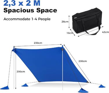 Пляжний сонцезахисний намет HOMASIS, сонцезахисний намет UPF 50, пляжний намет з лайкри з кріпленнями для піску та 4 мішками з піском, сонячне вітрило з 2 опорними стійками та сумкою для перенесення, сонцезахисний навіс для пляжу та саду (синій, 230 x 200