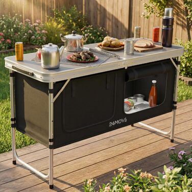 Складана кемпінгова кухня, алюмінієва шафа для кемпінгу з регульованою висотою, дорожня кухня з робочою поверхнею та відділеннями для зберігання, для кемпінгу на свіжому повітрі, включаючи сумку для перенесення 120x47x70, чорна, Praia, 24MOVE
