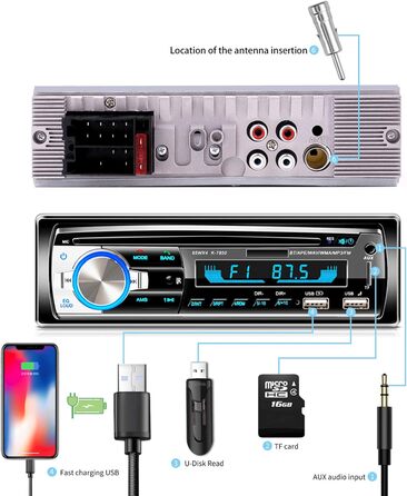 Автомобільна стереосистема Lifelf з гучномовцем Bluetooth, автомобільна стереосистема Bluetooth 65 Вт*4 1 Din з пультом дистанційного керування на кермі, FM/MP3-плеєр/2*USB/TF/AUX аудіо/адаптер антени (без CD) Чорний
