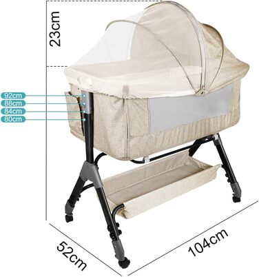 Дитяче ліжечко 3-в-1 приліжкове ліжечко, дитяча колиска та дорожнє ліжечко, 4-рівневе регулювання висоти дитячого ліжечка, що відкидається, дитяче ліжко, колиска для дітей вагою до 25 кг - 104 x 52 x 100-110 см - кремово-білий колір