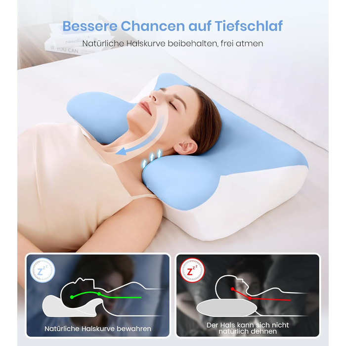 Подушка для шиї, ортопедична подушка з регульованою висотою з піни з ефектом пам&39яті, ергономічна подушка для шиї для сну на боці, спині та животі, подушка для сну на боці, 60x41,5x10/12 см, біло-синій