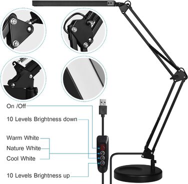 Настільна лампа SKYLEO LED Dimmable - Світлодіодна настільна лампа з кліпсою - Захист очей Світлодіодна настільна лампа - 3 режими освітлення x 10 рівнів яскравості - чорний (чорний кліпса та цоколь)