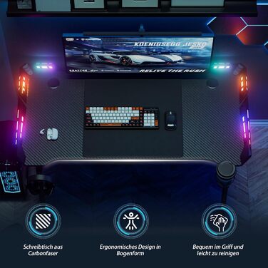 Ігровий стіл Ергономічний ігровий стіл зі світлодіодним підсвічуванням Чорний ігровий ПК стіл з вуглецевого волокна з підсклянником та гачком для навушників 140 x 60 x 73 см M ніжки 140 x 60 x 73 см M ніжки - зі світлодіодним підсвічуванням