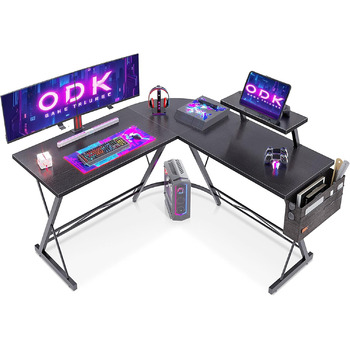 Ігровий стіл ODK, кутовий стіл для геймерів, стіл L-подібної форми з підставкою для монітора для офісу (чорний, 127 x 127 см) 127