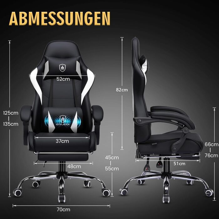 Ігрове крісло GTPLAYER - Ергономічне ігрове крісло з поперековою опорою, регульованою висотою, м&39яке, вантажопідйомність 150 кг, чорне
