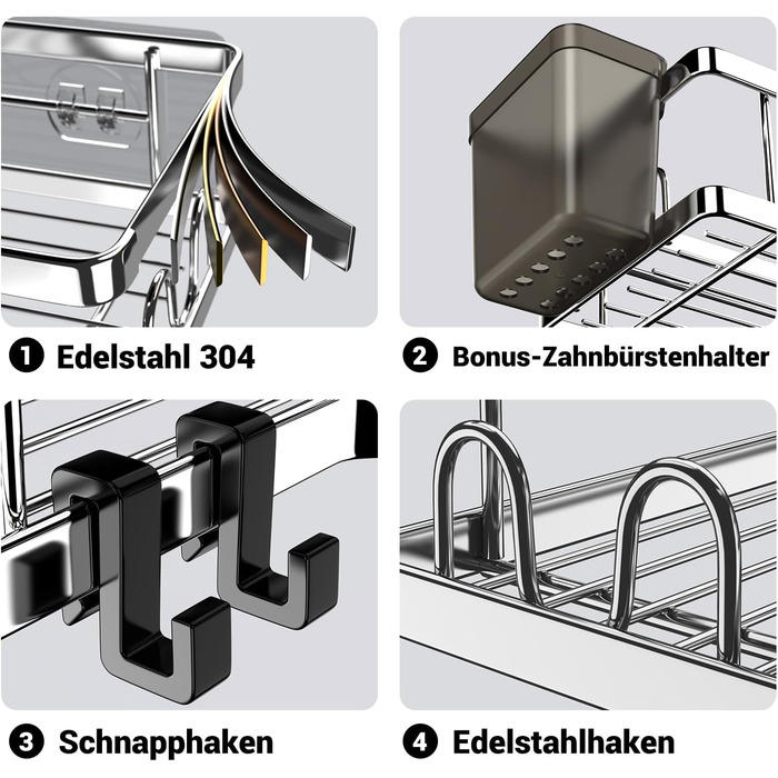 Полиця для душу FINIBO, не потребує свердління, 2 самоклеючі кутові органайзери для ванної кімнати, полиця для душу з нержавіючої сталі з 4 гачками та 2 тримачами для зубної пасти, чорний душовий кошик, кошик для душу для ванної кімнати та кухні, срібляст
