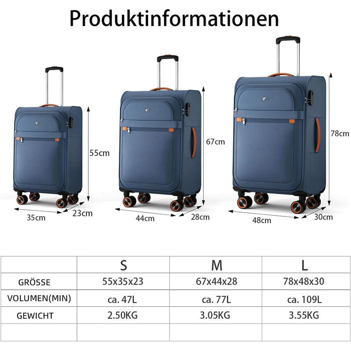 Ручна валіза Trier Soft Shell 55 35 23 см, легка тканинна валіза на колесах, дорожня валіза з колесами та кодовим замком, 47 літрів, темно-синя, розмір S