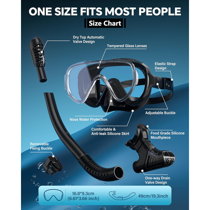 Набір для підводного плавання G2RISE для дорослих, маска для дайвінгу для дорослих, зручна маска для підводного плавання з трубкою, лінзами із загартованого скла та покращеною регульованою пряжкою для підводного плавання, дайвінгу, плавання, чорний темно-