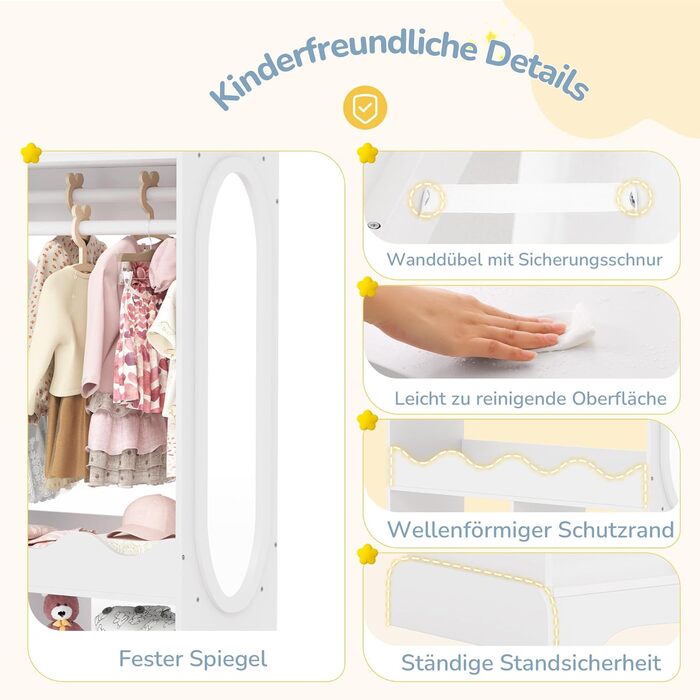 Дитяча шафа LUE BONA, Дитяча шафа з дзеркалом та вішалкою для одягу, Дерев&39яна дитяча шафа з 3 гачками, Шафа для дитячої кімнати з полицею, для дитячої кімнати, 85x108x34 см, Білий