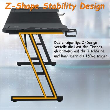 Ігровий стіл 140 x 60 см зі світлодіодним підсвічуванням Міцний ігровий стіл з підсклянником, організатором кабелів та карбоновою поверхнею, великий комп&39ютерний стіл для ПК та офісу, чорний 140 x 60 см зі світлодіодним підсвічуванням