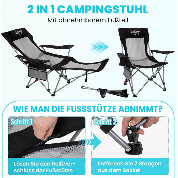 В-1 кемпінгове крісло 180 кг з підставкою для ніг, пляжне крісло з 4-позиційною регульованою спинкою, складне крісло-реклайнер з підсклянником, кемпінгове крісло для використання на свіжому повітрі, , чорний колір, 2-