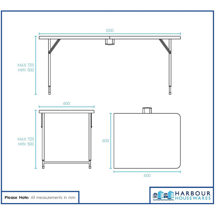 Складаний стіл Harbour Housewares з регульованою висотою та підставкою - 120 см (4 фути) - Чорний - Міцний складний портативний пластиковий меблі для саду, кемпінгу, пікніка та їдальні