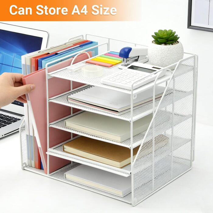 Настільний органайзер з тримачами для файлів, 5-ярусний сітчастий тримач для файлів, сітчастий офісний органайзер, настільний органайзер та місце для зберігання канцелярського приладдя, лоток для документів A4, білий